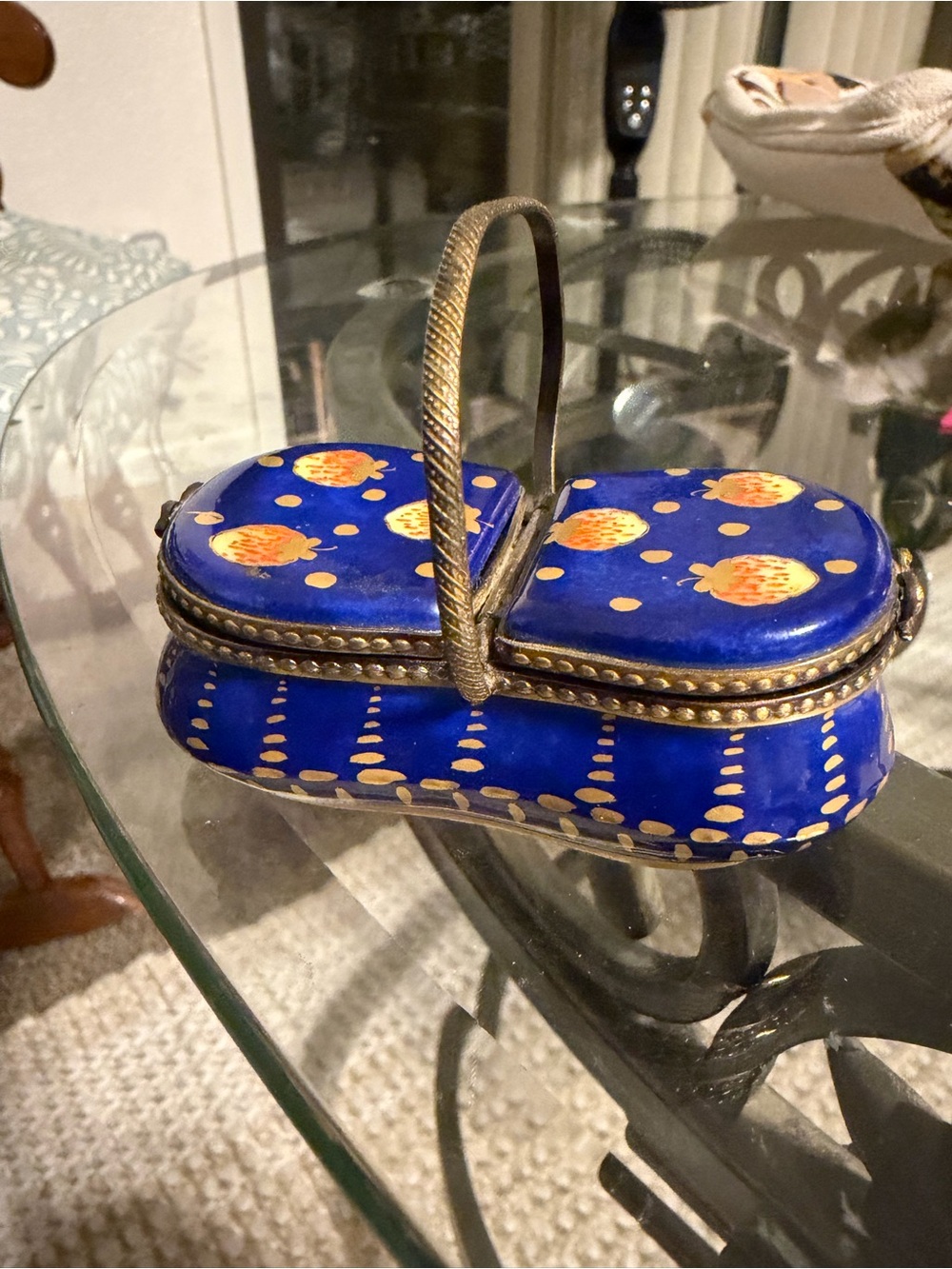 Limoges Blue Enamel Basket Cosmetic Box with Gold Accents
